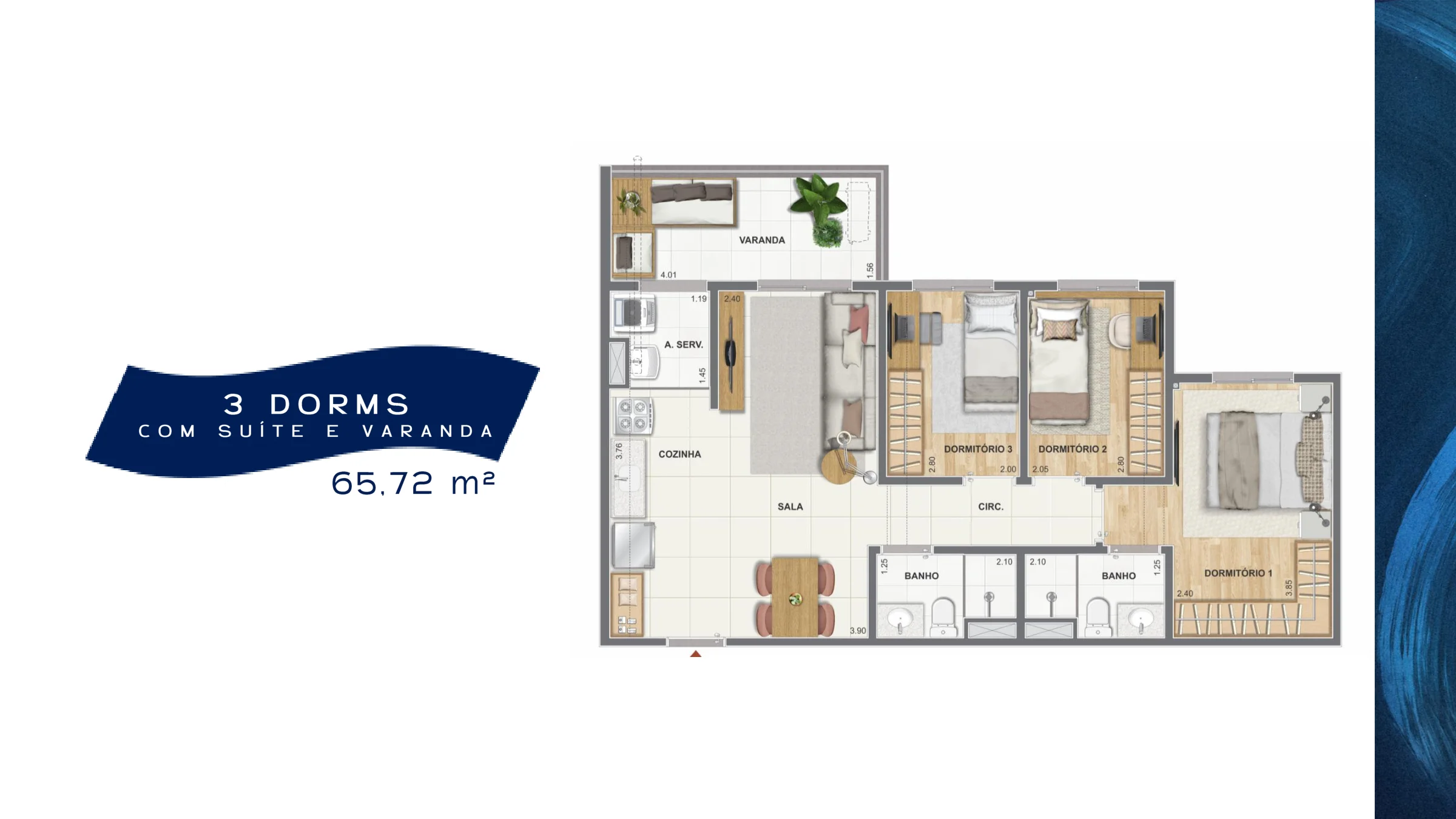 3 quartos com suíte e varanda · 65,72 m² · Orla Central