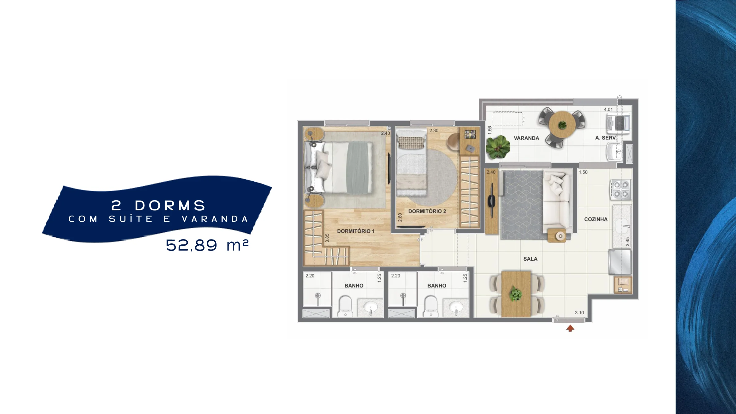 2 quartos com suíte e varanda · 52,89 m² · Orla Central