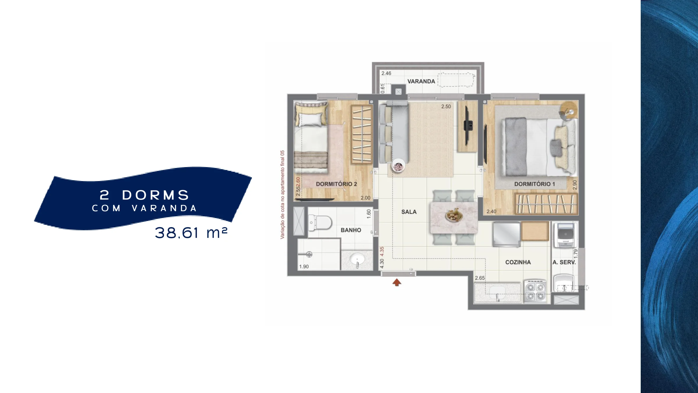 2 quartos com varanda · 38,61 m² · Orla Central