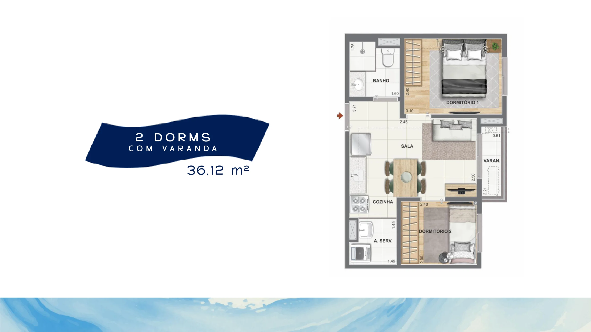 2 quartos com varanda · 36,12 m² · Orla Central