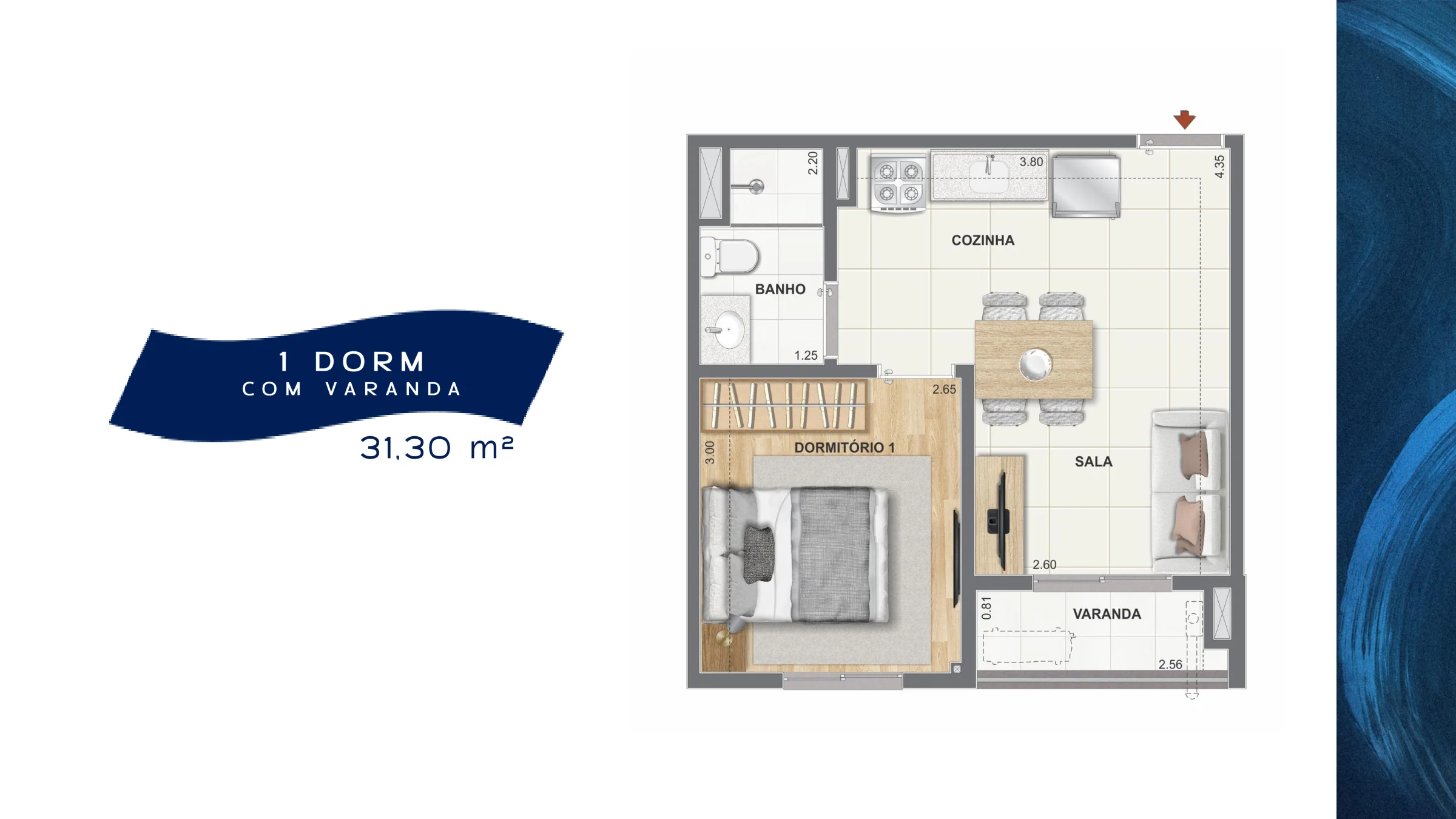1 quarto com varanda · 31,30 m² · Orla Central