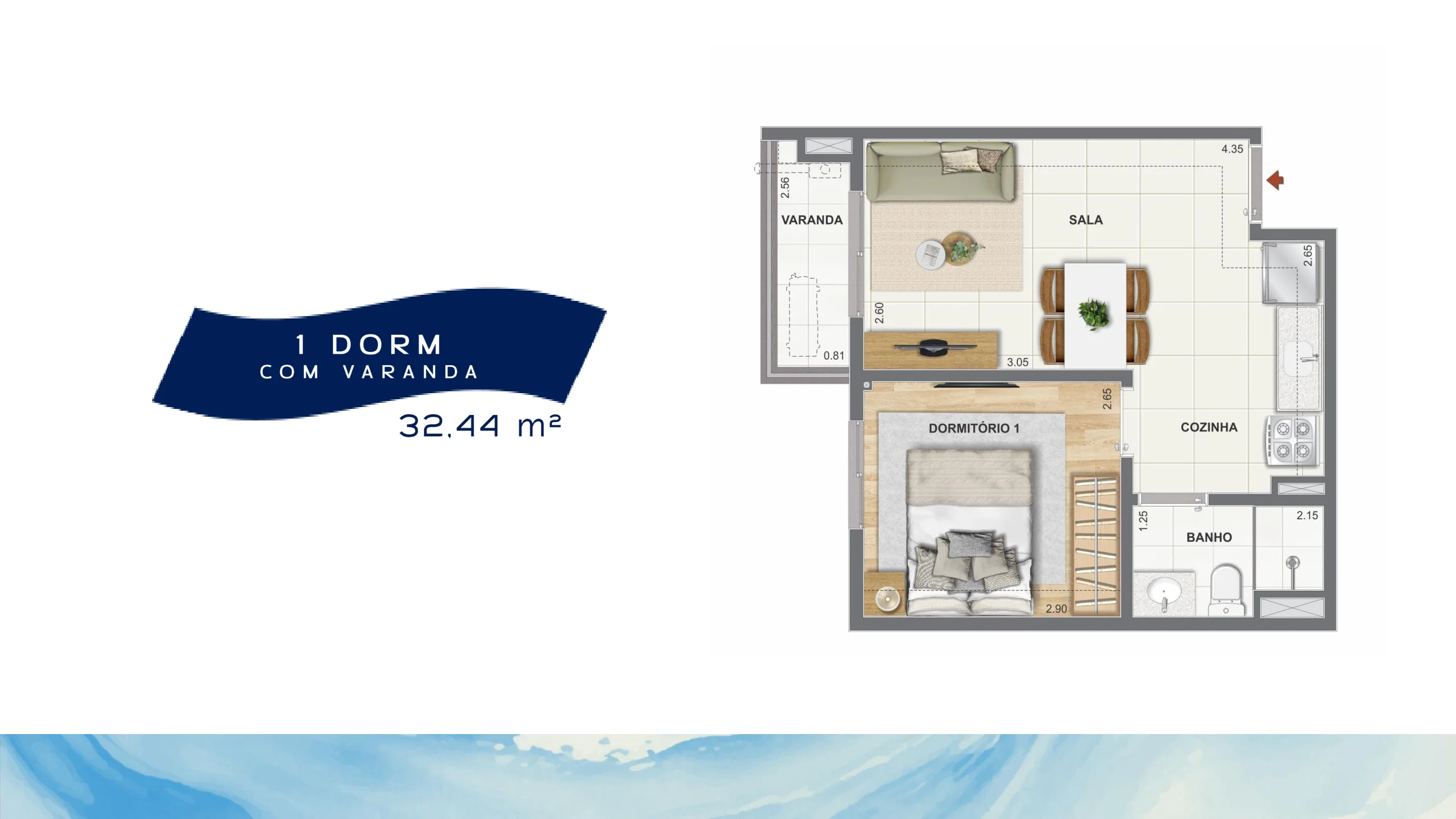 1 quarto com varanda · 32,44 m² · Orla Central