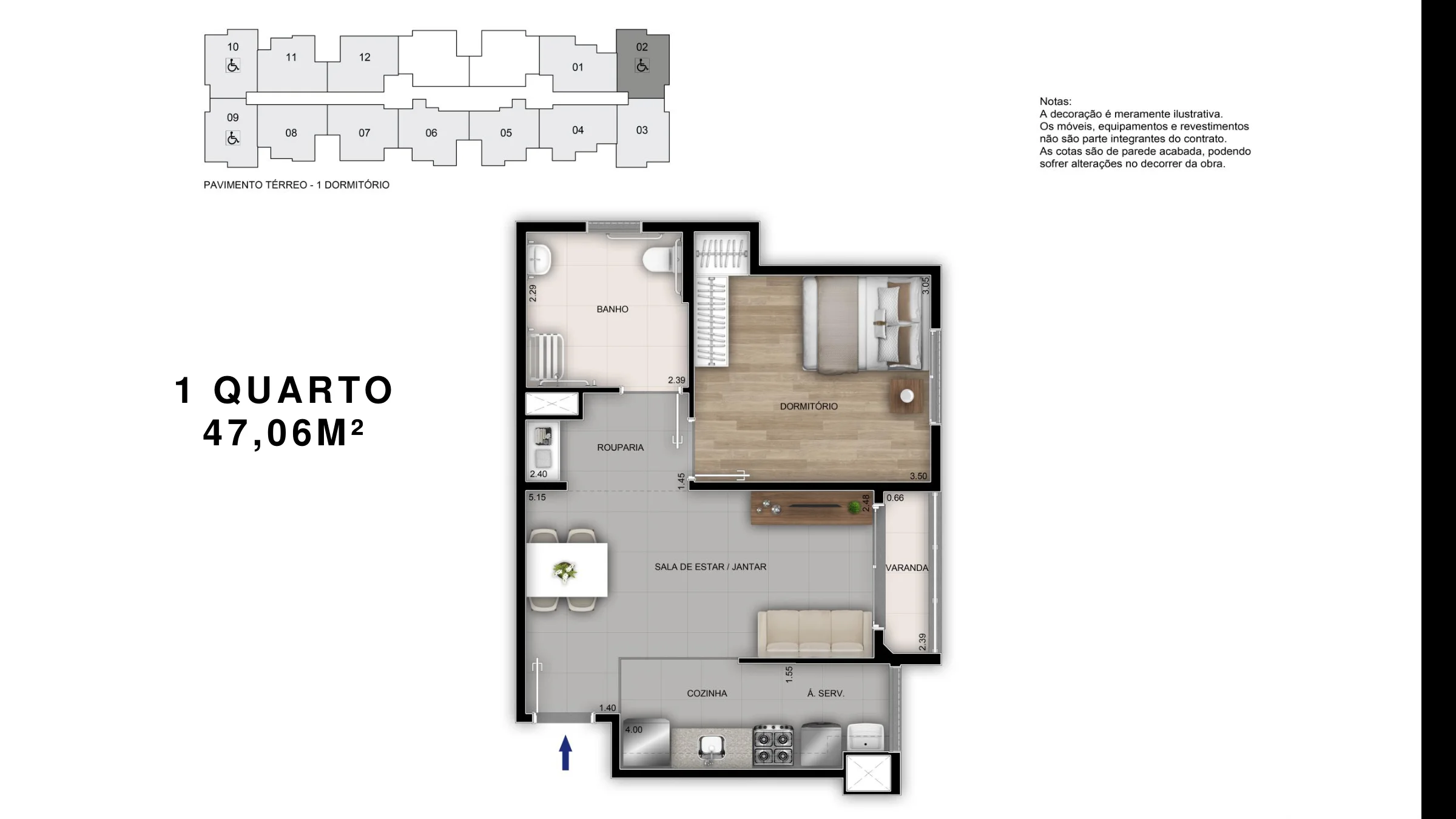 1 quarto · 47,06 m² · Orla Recreio Grumari