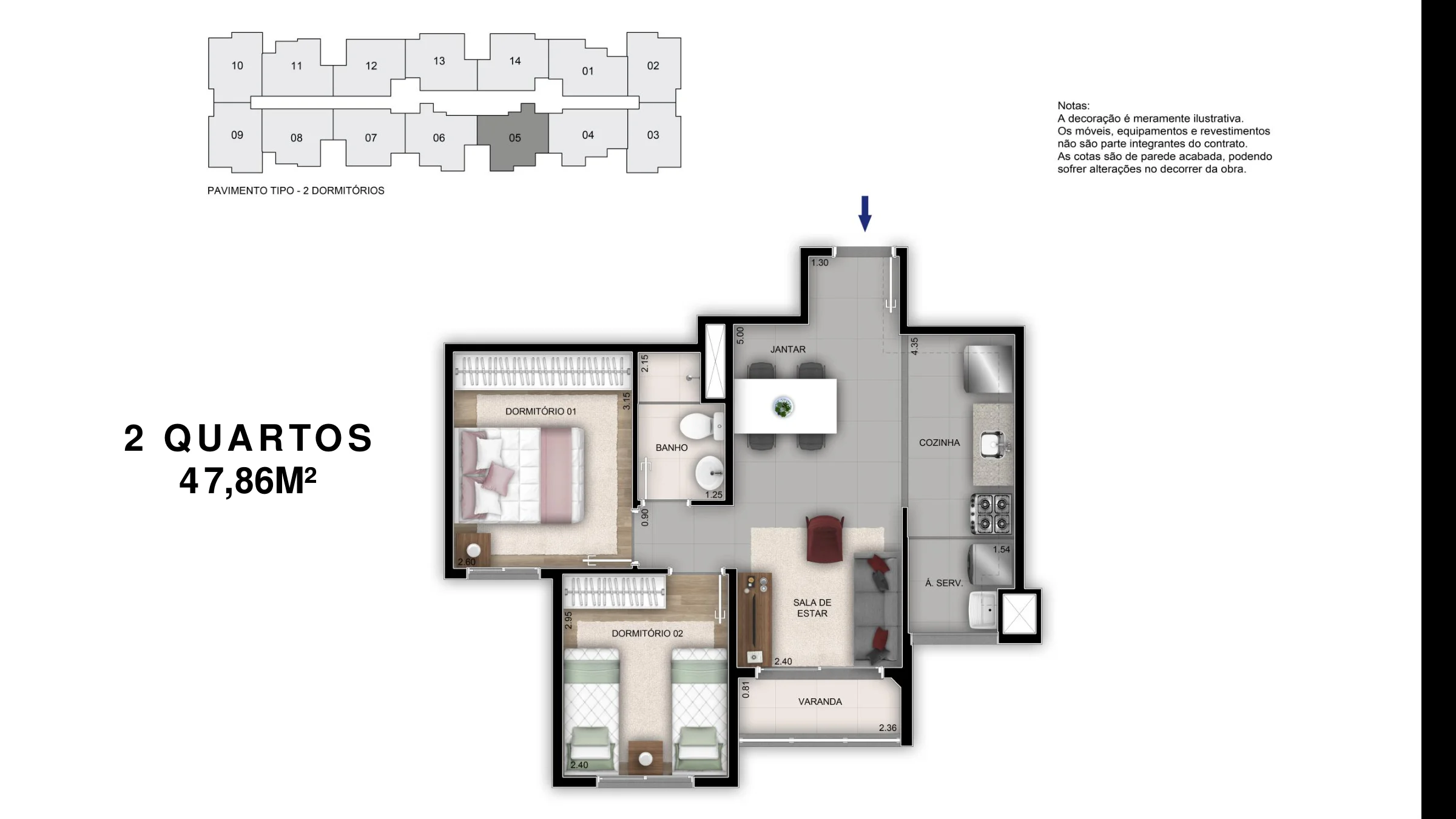 2 quartos · 47,86 m² · Orla Recreio Grumari