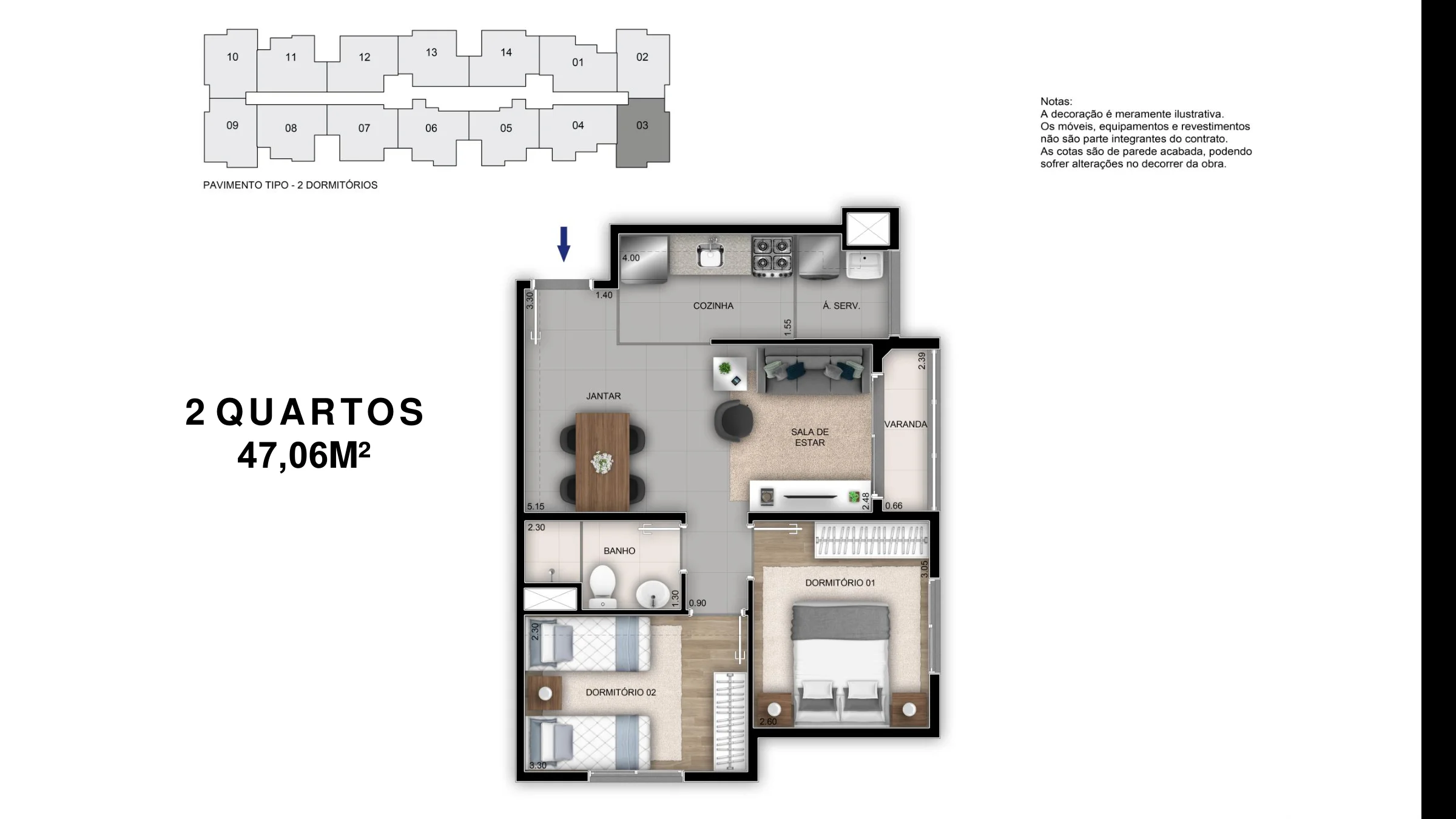 2 quartos · 47,06 m² · Orla Recreio Grumari