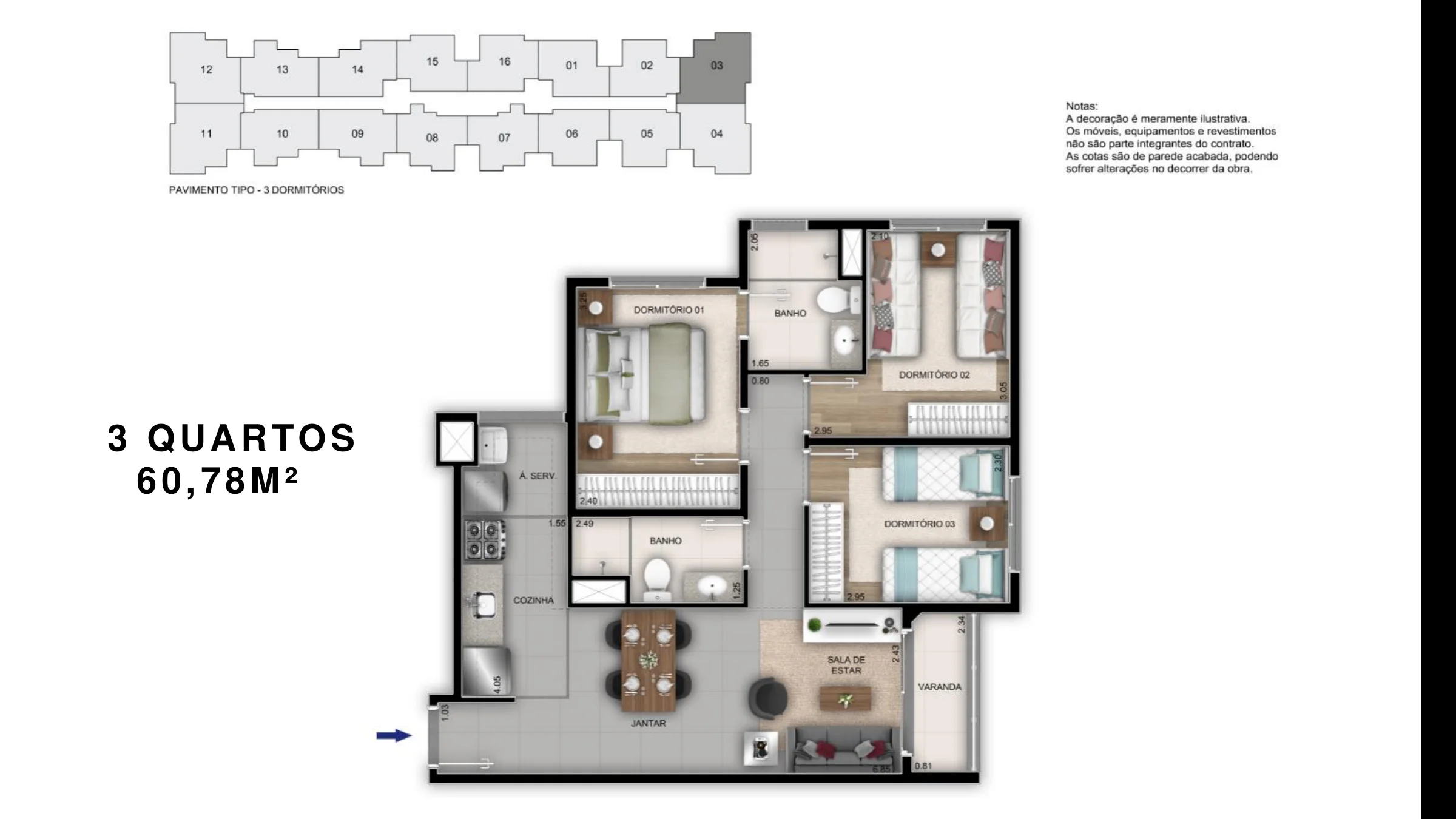 3 quartos · 60,78 m² · Orla Recreio Grumari