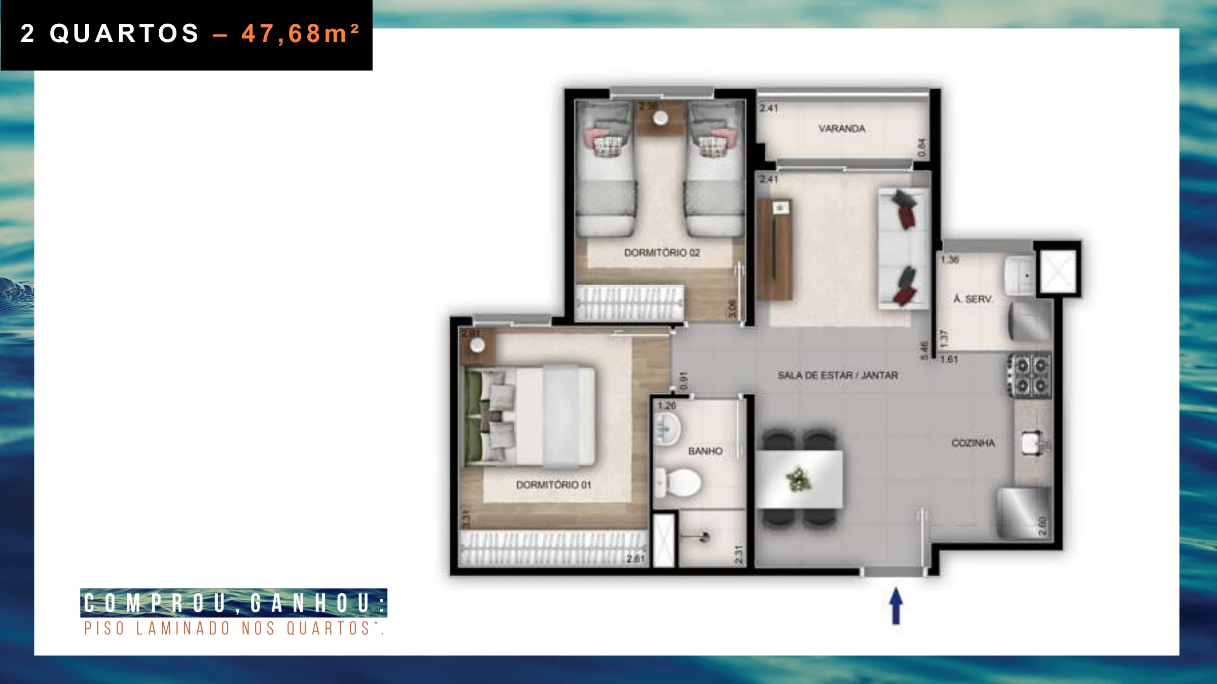 2 quartos · 47,68 m² · Orla Recreio Prainha