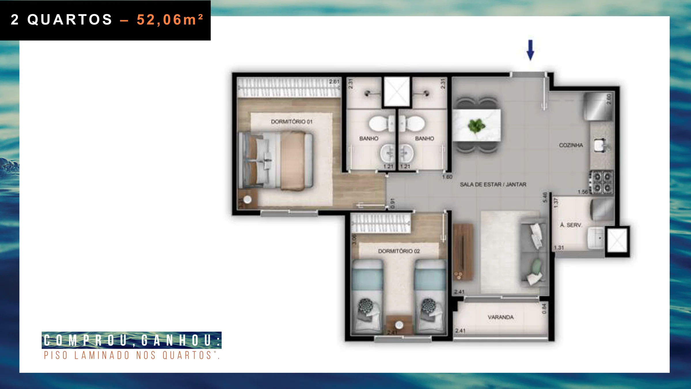 2 quartos · 52,06 m² · Orla Recreio Prainha