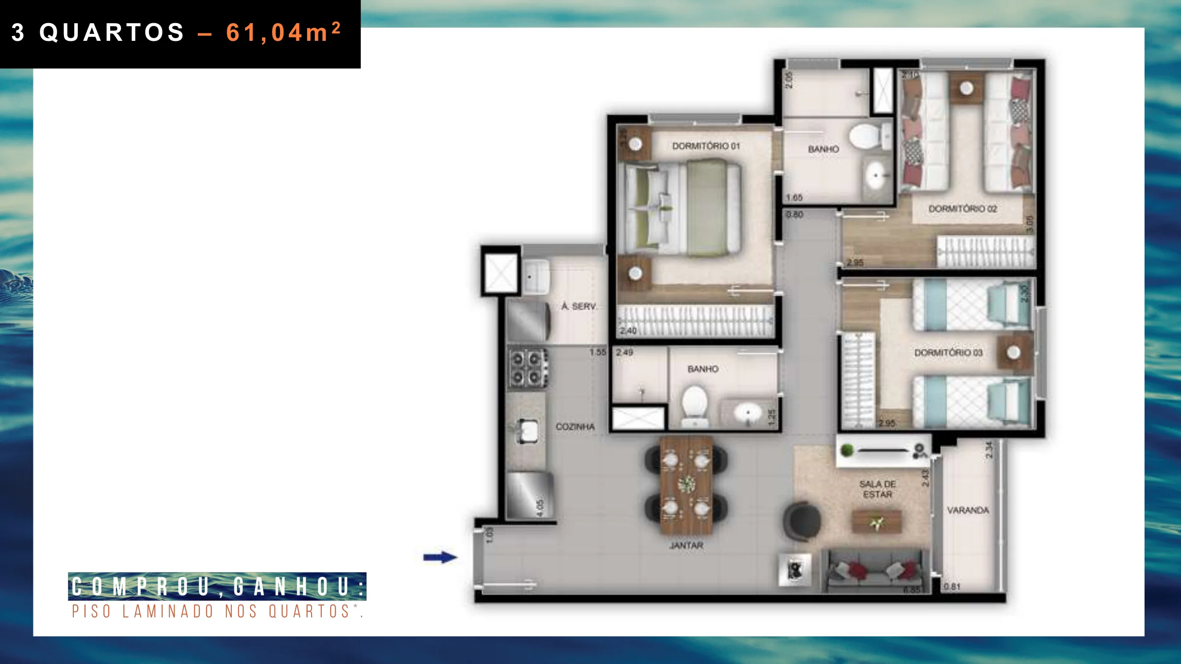 3 quartos · 61,04 m² · Orla Recreio Prainha