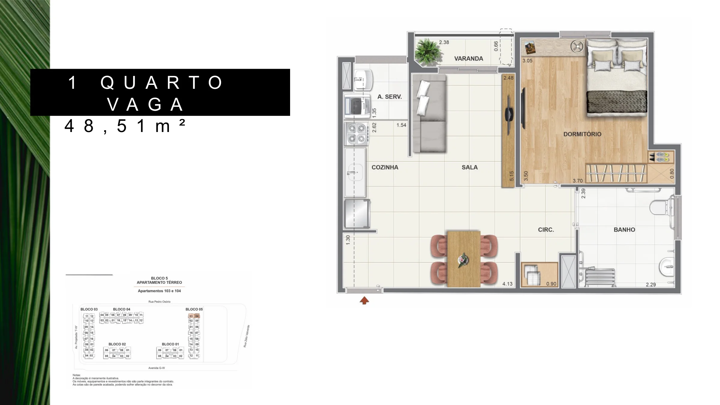 1 quarto · 48,51 m² · Orla Recreio Reserva