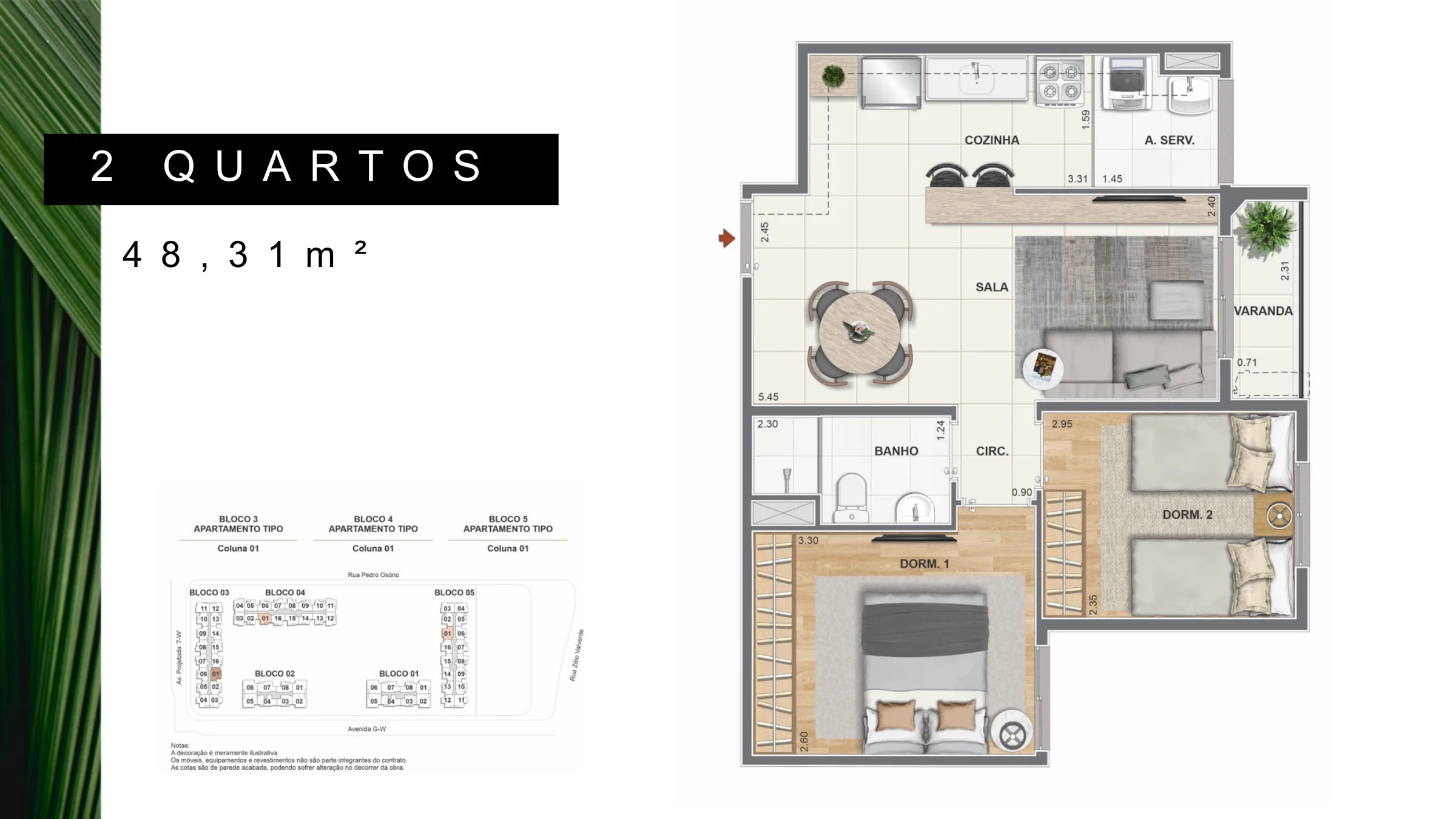 2 quartos · 48,31 m² · Orla Recreio Reserva