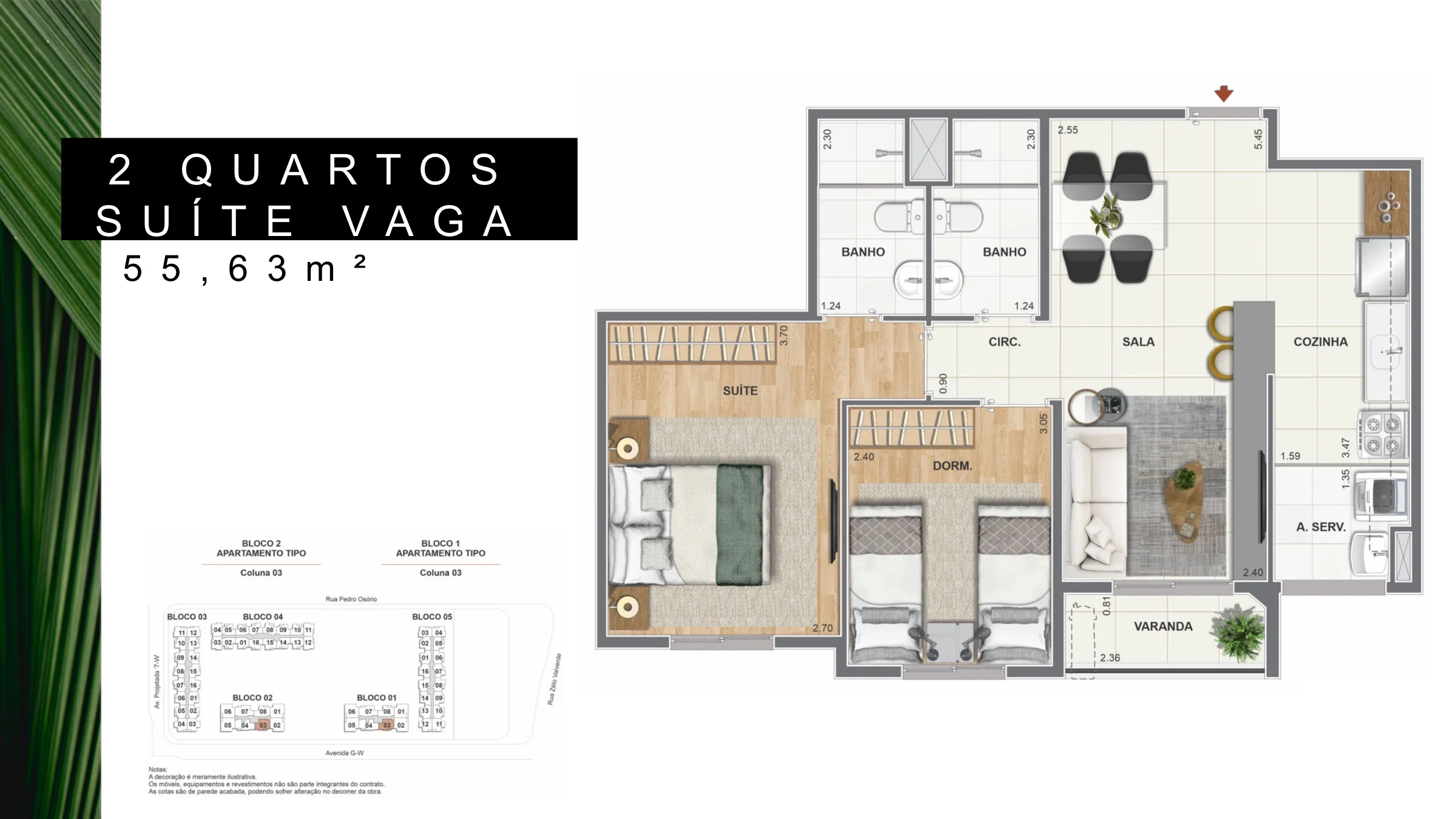 2 quartos com suíte · 55,63 m² · Orla Recreio Reserva