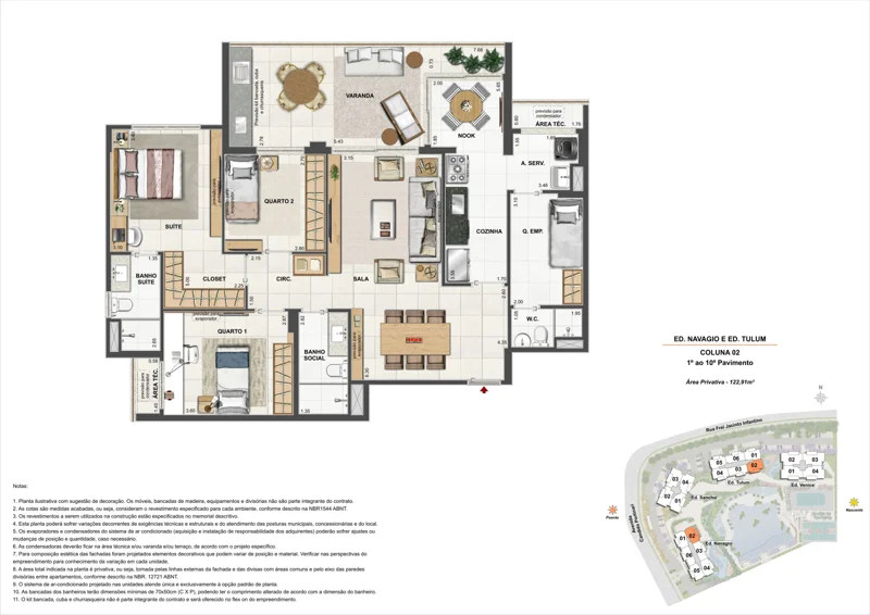 Planta Orygem Acqua Home: 3 quartos · 122,91 m² — Navagio e Tulum · coluna 02