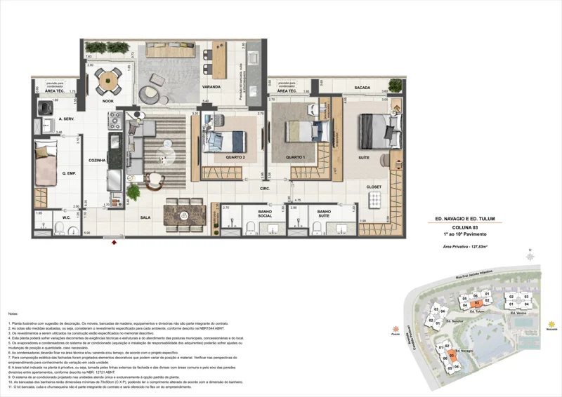 Planta Orygem Acqua Home: 3 quartos · 127,83 m² — Navagio e Tulum · coluna 03
