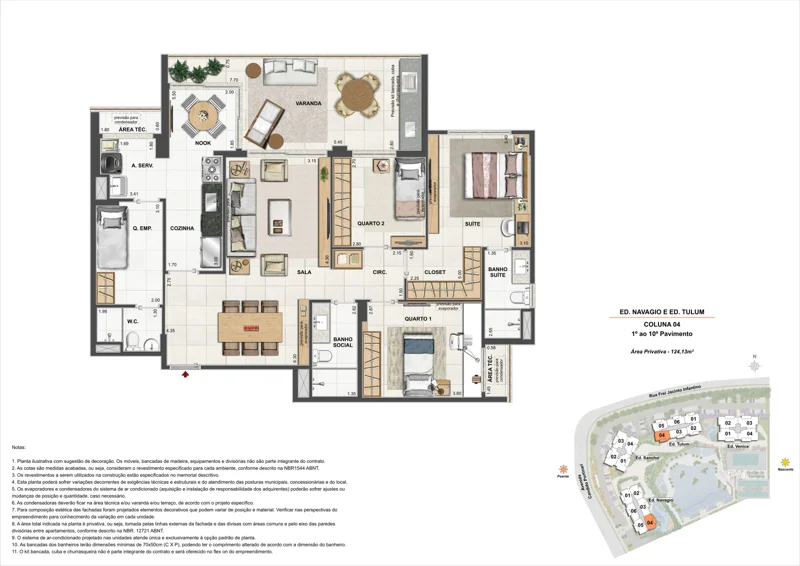 Planta Orygem Acqua Home: 3 quartos · 124,13 m² — Navagio e Tulum · coluna 04