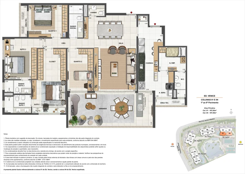 Planta Orygem Acqua Home: 4 quartos · 187,82 / 187,94 m² — Venice · colunas 01 e 04