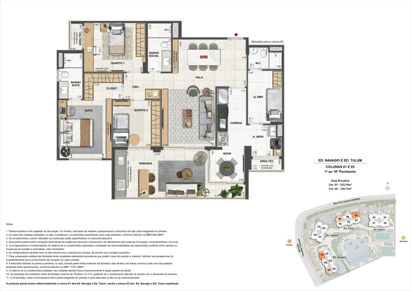 Planta Orygem Acqua Home: 3 quartos · 123,74 / 124,11 m² — Navagio e Tulum · colunas 01 e 05
