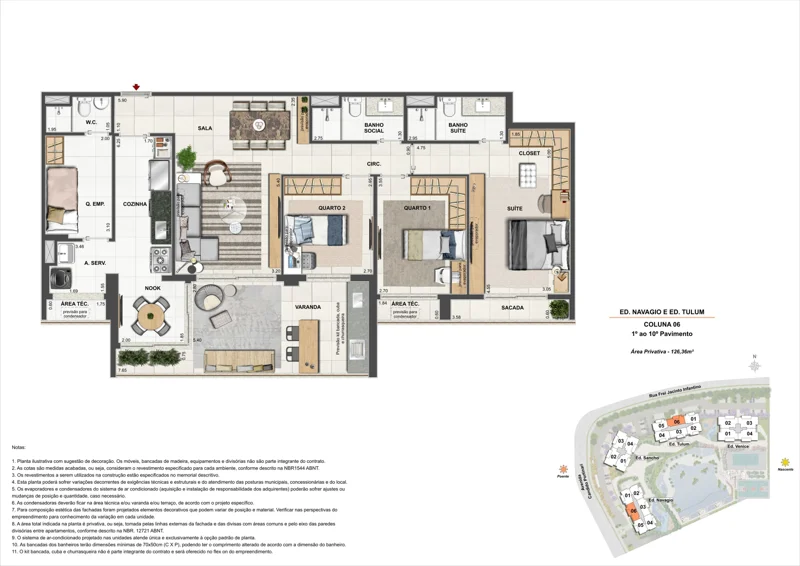Planta Orygem Acqua Home: 3 quartos · 126,36 m² — Navagio e Tulum · coluna 06