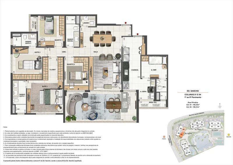 Planta Orygem Acqua Home: 4 quartos · 156,23 / 156,31 m² — Sancho · colunas 01 e 04