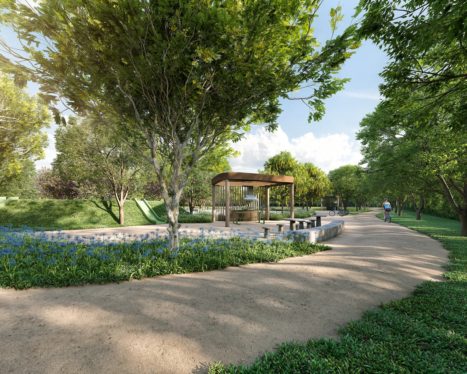 Park Track do OX entre jardins — perspectiva ilustrativa