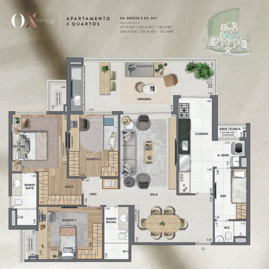 Planta OX Park Design by EDSA: 3 quartos · 132,46 / 132,47 m² — Breeze e Sky · apartamentos tipo