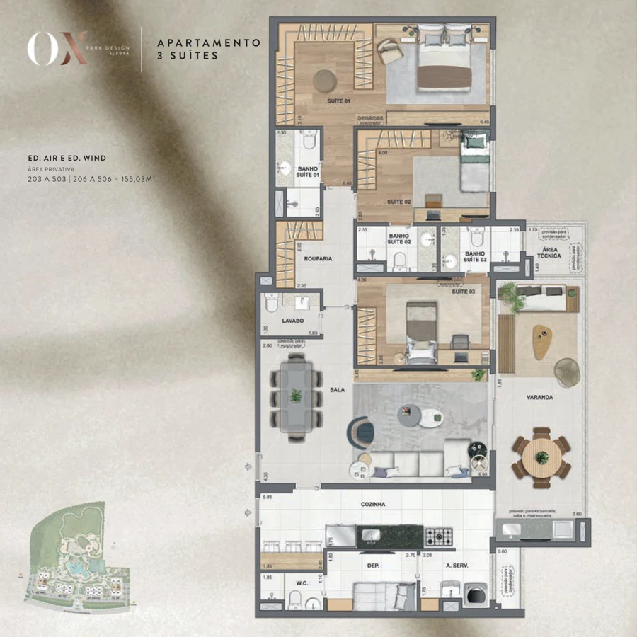 Planta OX Park Design by EDSA: 3 suítes · 155,03 m² — Air e Wind · apartamentos tipo
