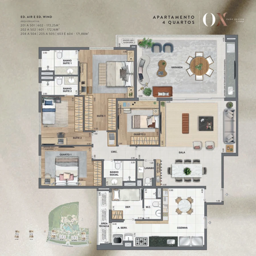 Planta OX Park Design by EDSA: 4 quartos · 171,88 a 172,25 m² — Air e Wind · apartamentos tipo