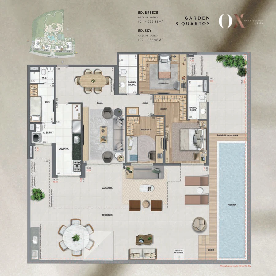 Planta OX Park Design by EDSA: Garden 3 quartos · 252,83 / 252,96 m² — Breeze 104 · Sky 102