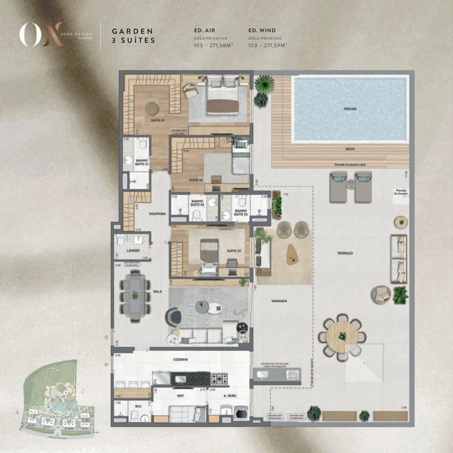 Planta OX Park Design by EDSA: Garden 3 suítes · 271,58 / 271,59 m² — Air e Wind · unidade 103
