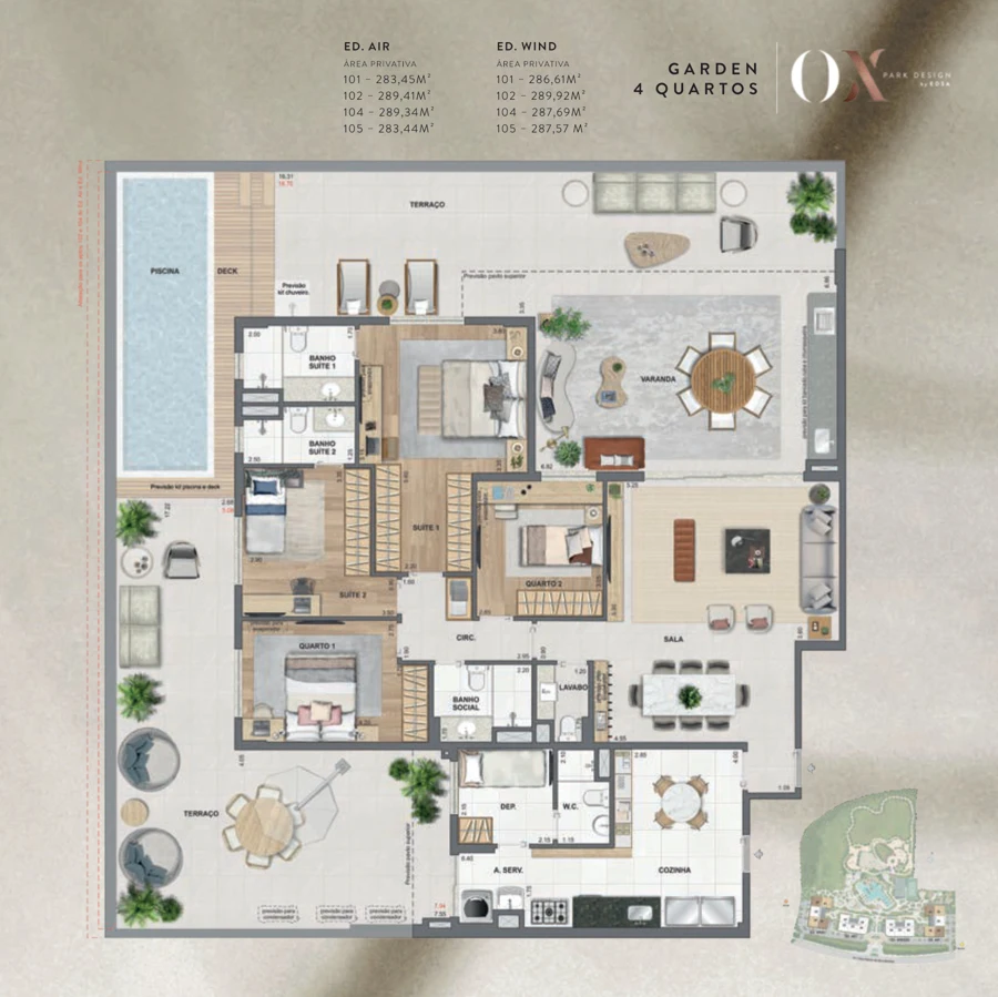 Planta OX Park Design by EDSA: Garden 4 quartos · opções de unidade — Air e Wind · áreas na legenda original