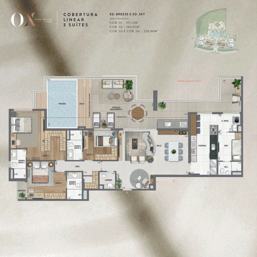 Planta OX Park Design by EDSA: Linear 3 suítes · 196,90 a 206,88 m² — Breeze e Sky · pranchas do book
