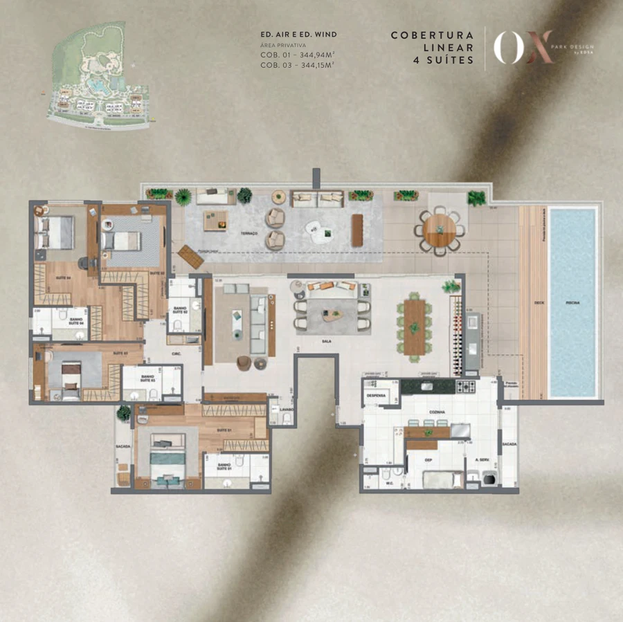 Planta OX Park Design by EDSA: Linear 4 suítes · 344,15 / 344,94 m² — Air e Wind · coberturas 01 e 03