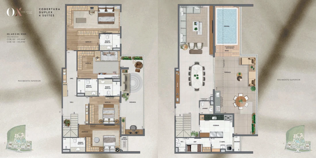Planta OX Park Design by EDSA: Duplex 4 suítes · 310,64 / 310,97 m² — Air e Wind · pavimentos inferior e superior