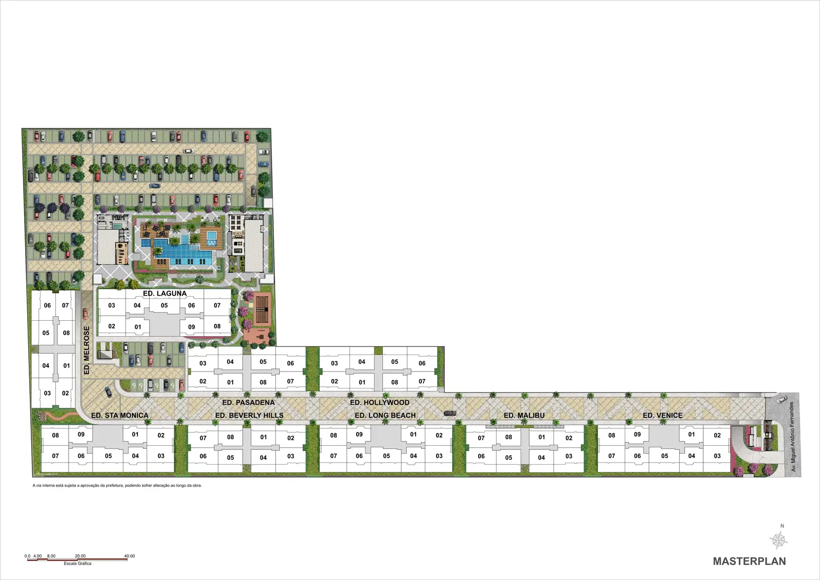 Masterplan geral do Palms com área de lazer e blocos residenciais