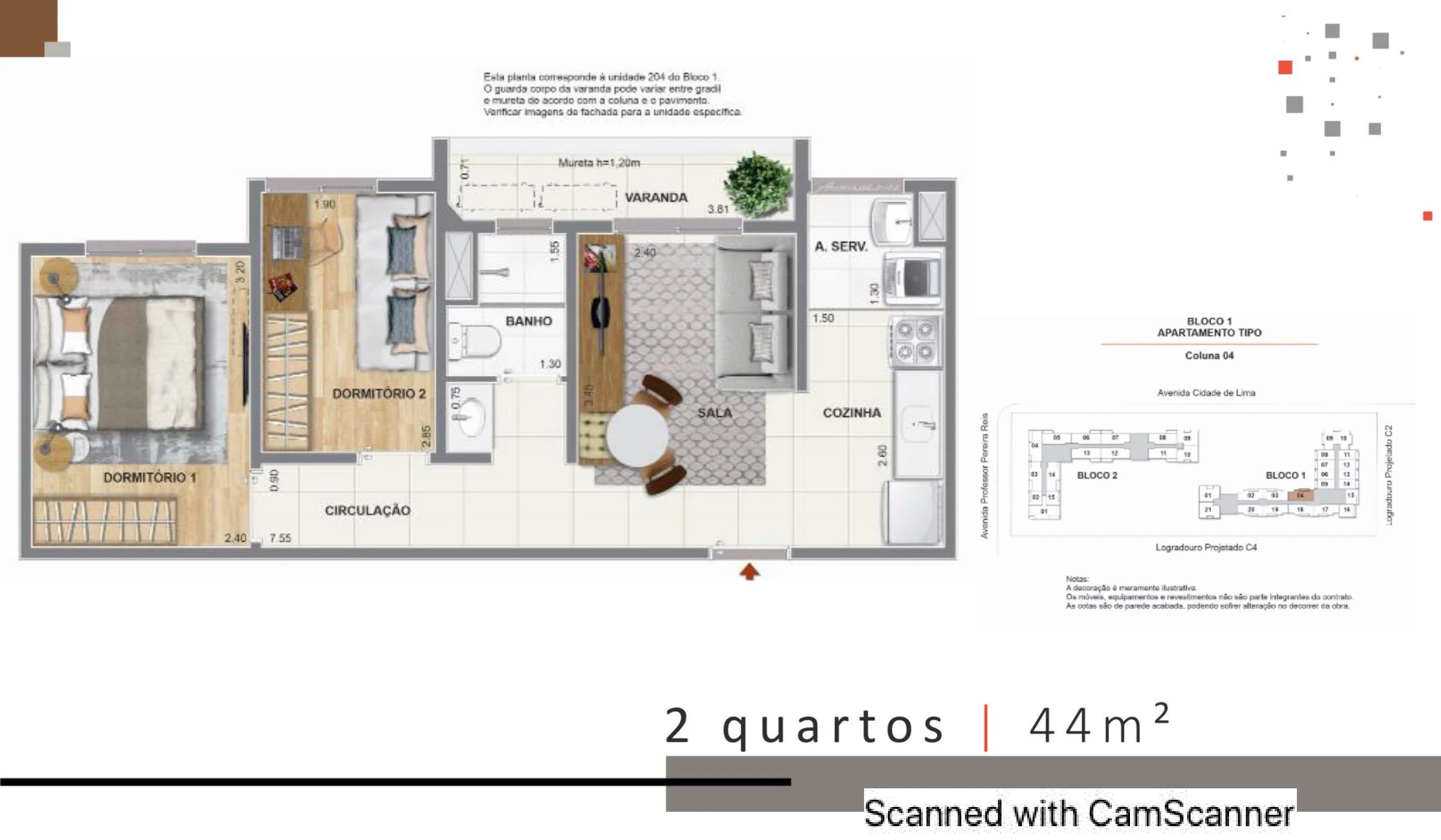 2 quartos · 44 m² · Pateo Nazareth