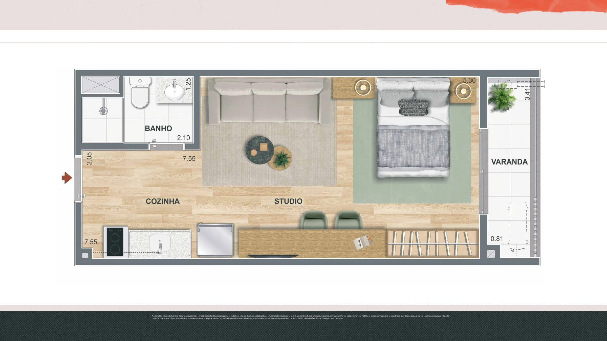 Studio · 31,82 a 32,44 m² · Pixinguinha — Condomínio Carinhoso