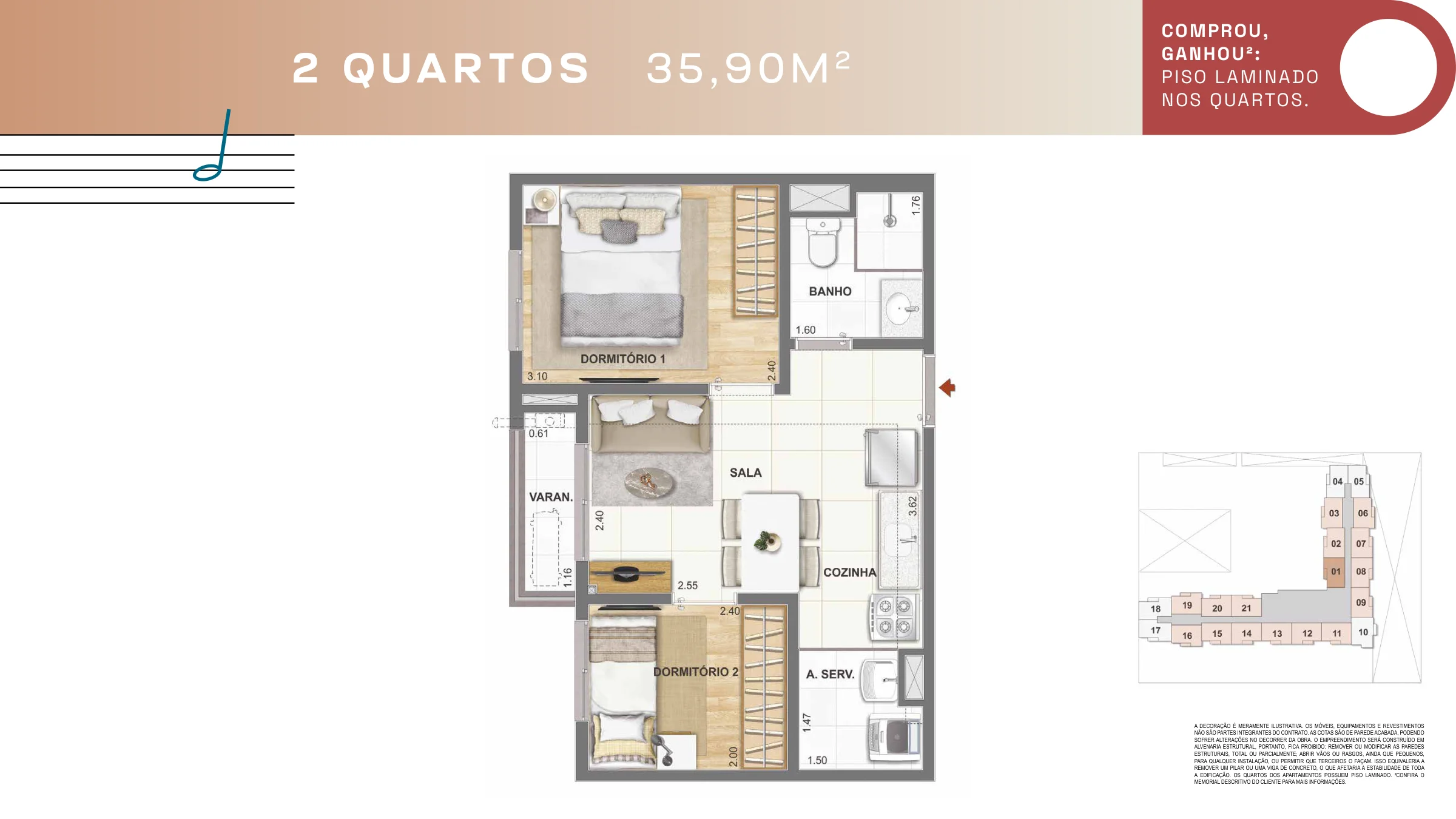 2 quartos · configuração 1 · Pixinguinha — Condomínio Rosa