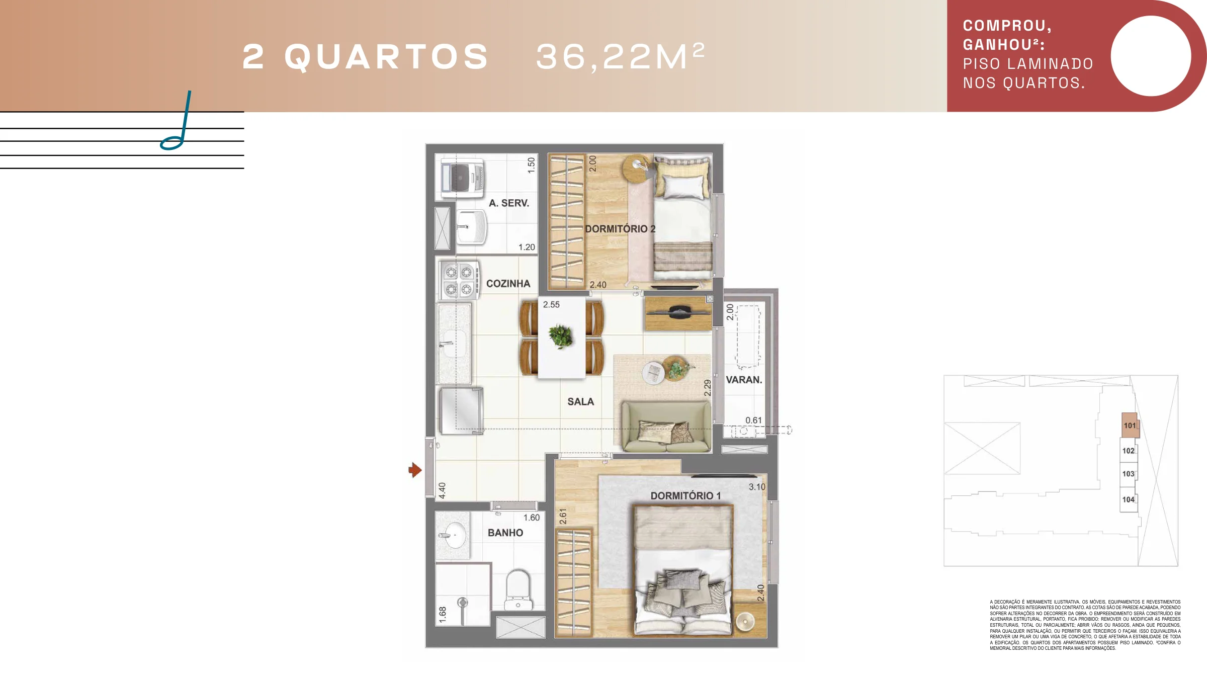 2 quartos · configuração 2 · Pixinguinha — Condomínio Rosa