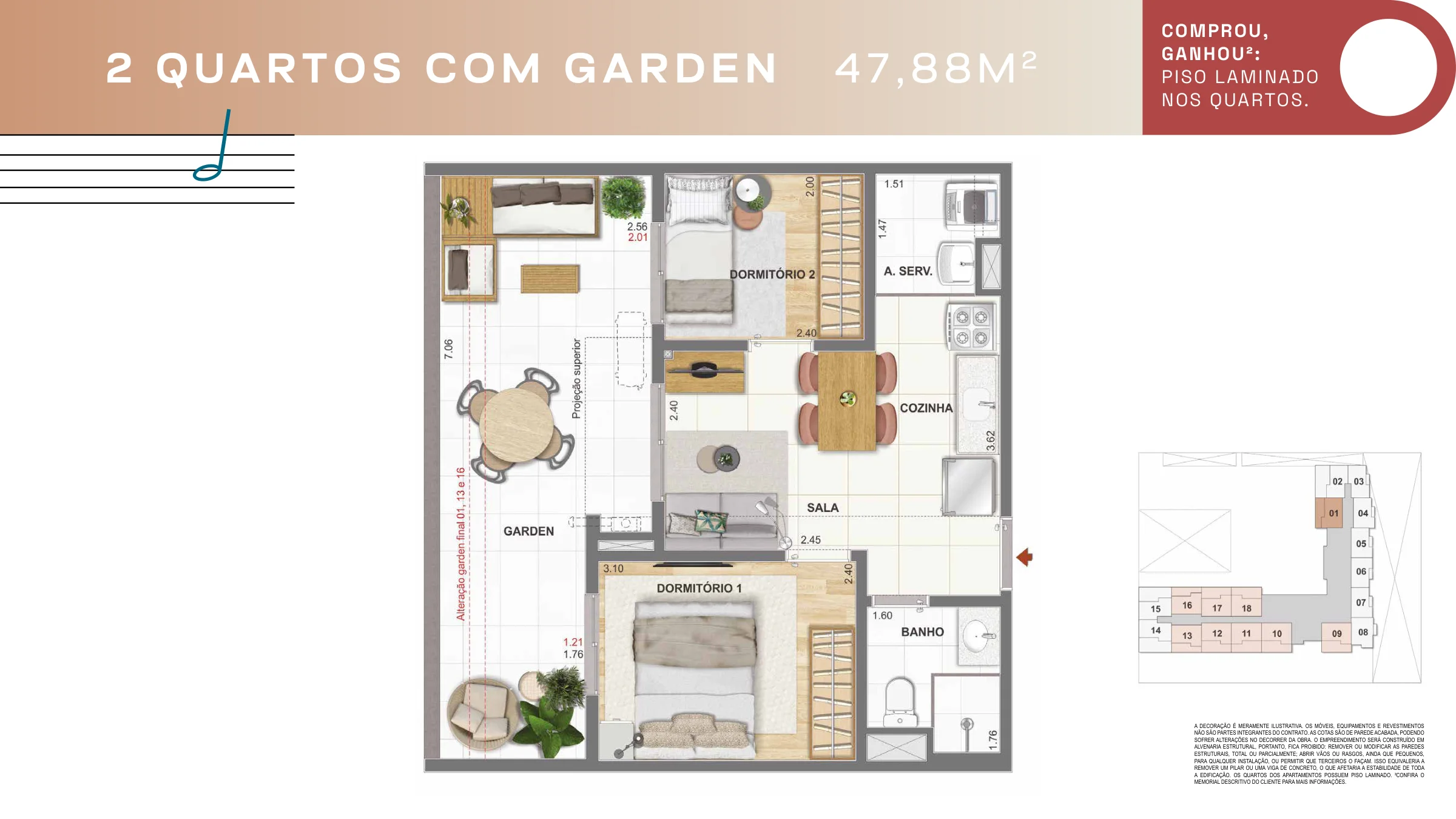 2 quartos garden · configuração 1 · Pixinguinha — Condomínio Rosa