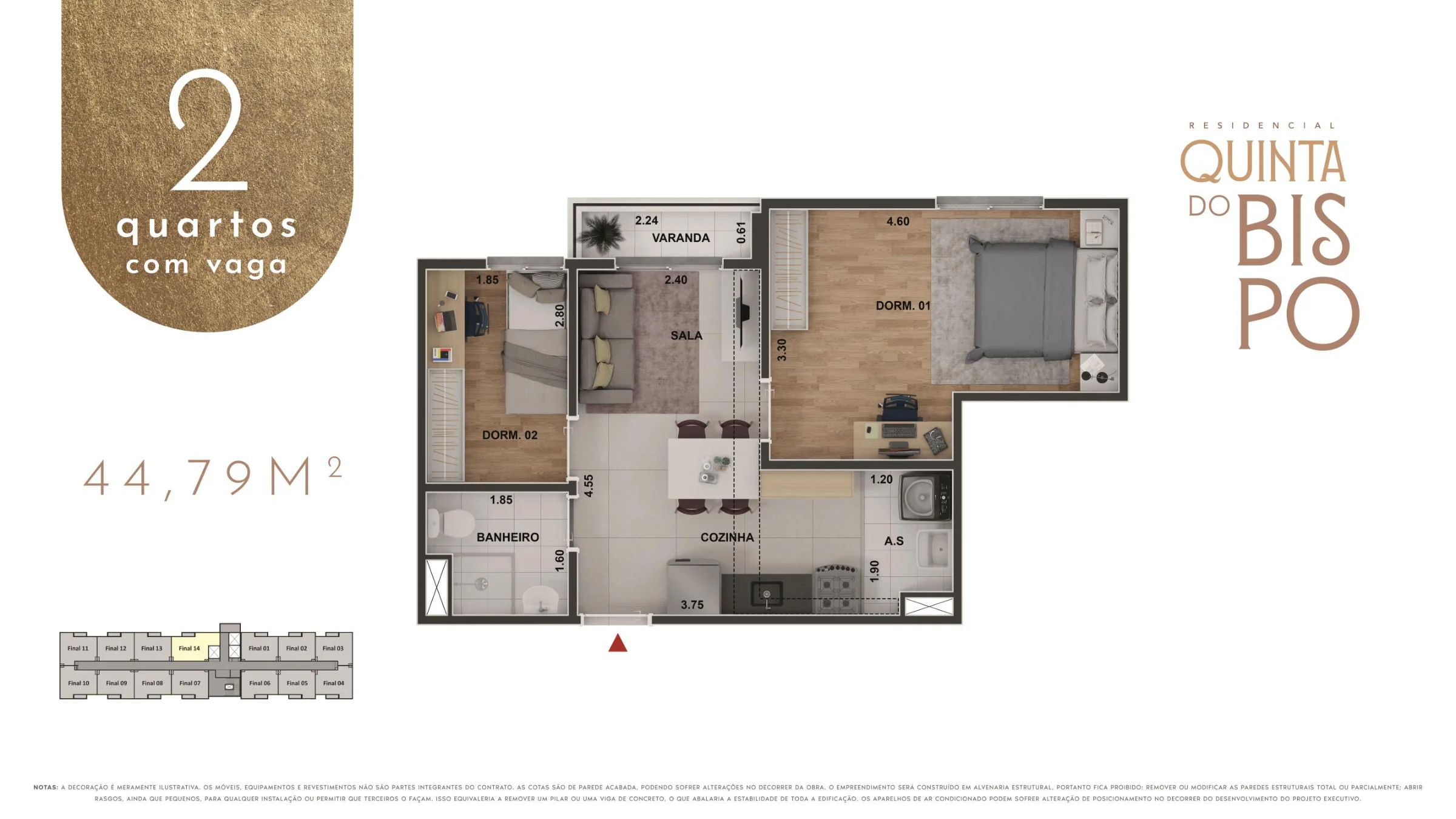 2 quartos · 44,79 m² · Quinta do Bispo