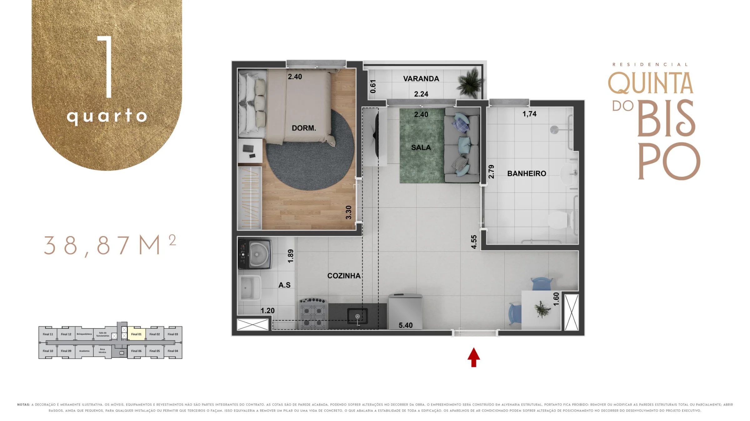 1 quarto · 38,87 m² · Quinta do Bispo