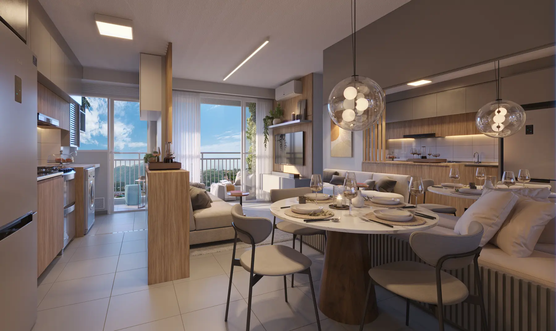 Sala e cozinha integradas do Residencial Laranjeiras