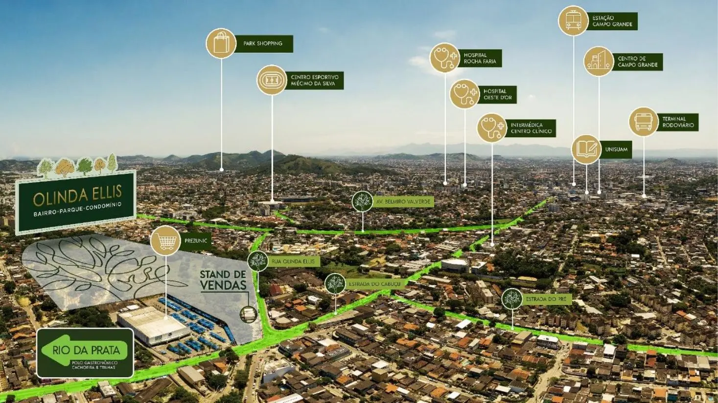 Mapa de acessos e serviços na região do Olinda Ellis em Campo Grande