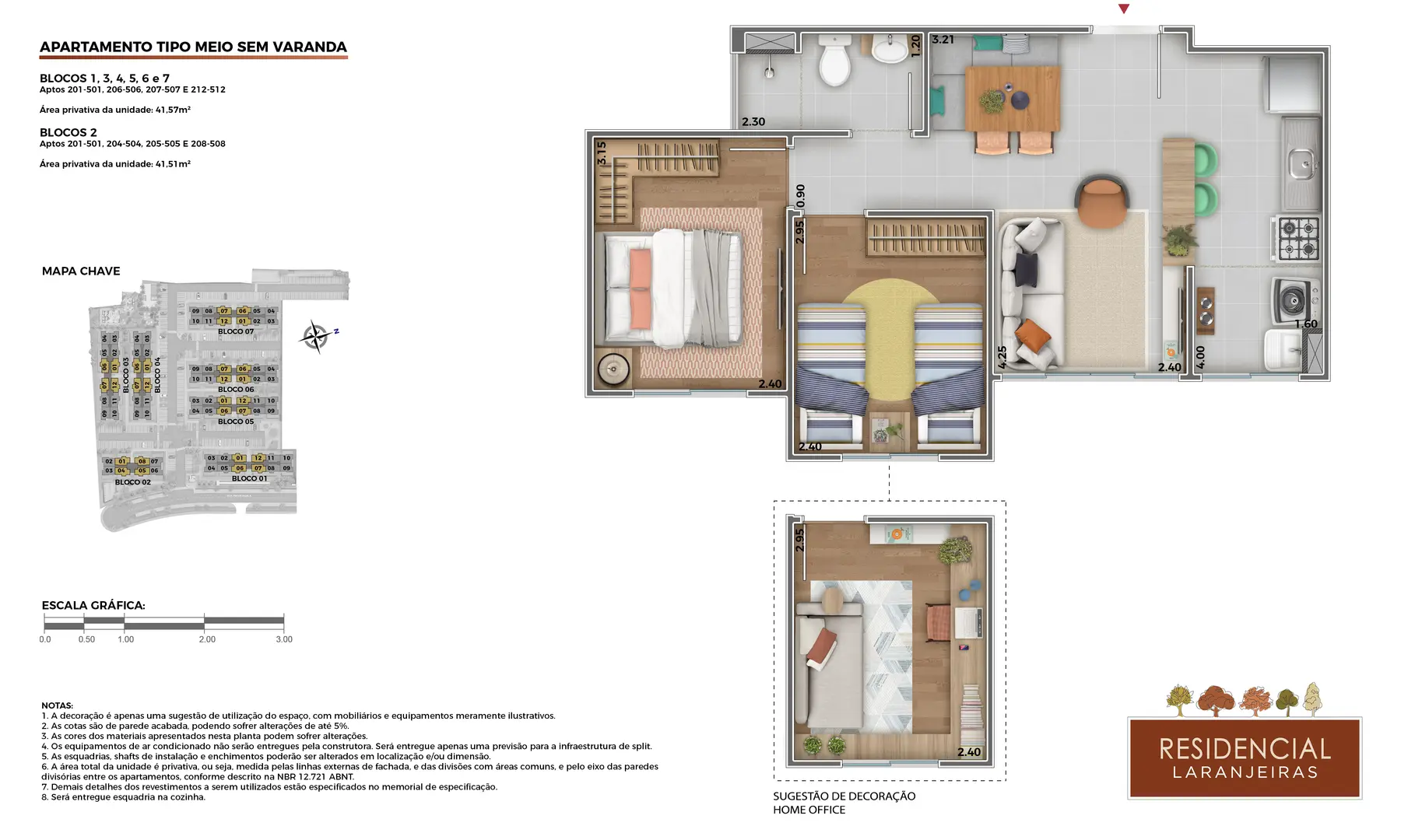 Planta do apartamento de 2 quartos sem varanda do Residencial Laranjeiras
