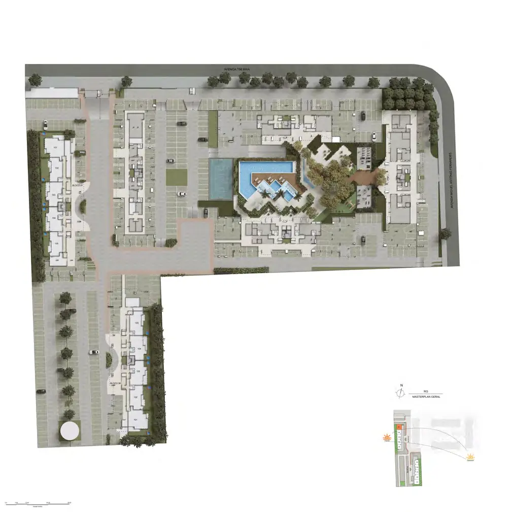 Masterplan ilustrativo do RG Personal Residences com áreas comuns identificadas