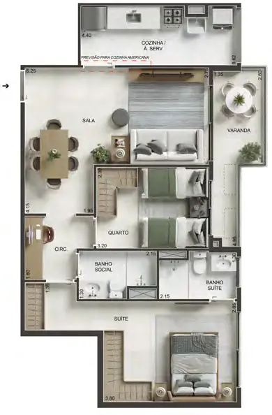 Planta ilustrativa de apartamento tipo de 2 quartos do RG Personal Residences