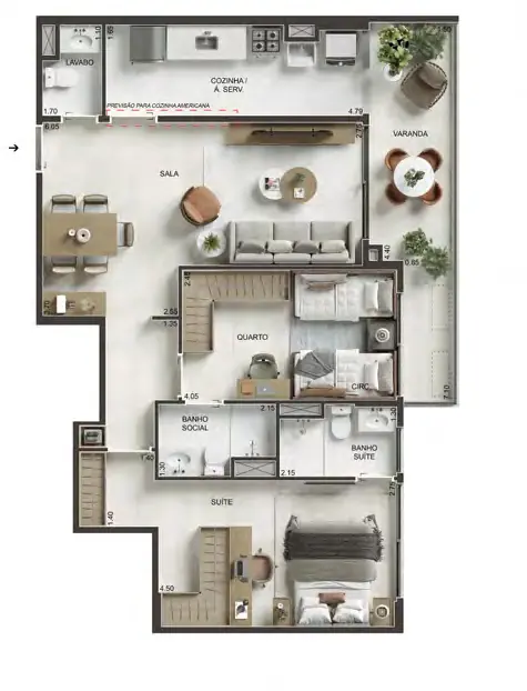 Planta ilustrativa de apartamento tipo de 2 quartos do RG Personal Residences