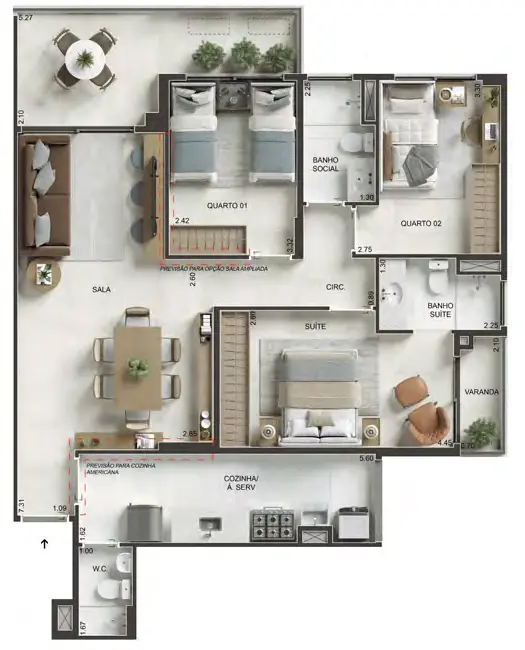 Planta ilustrativa de apartamento tipo de 3 quartos do RG Personal Residences