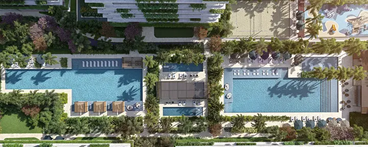 Perspectiva ilustrada da vista aérea das piscinas do RIIO