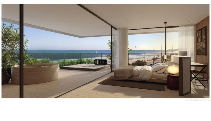 Perspectiva ilustrada da suíte com terraço e vista para o mar no RIIO